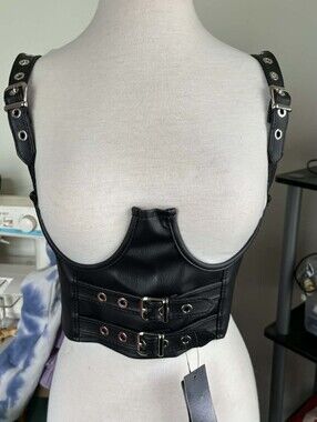 Black Faux Leather Buckle Bustier Crop Top Corset NWT Hot Topic S/M
